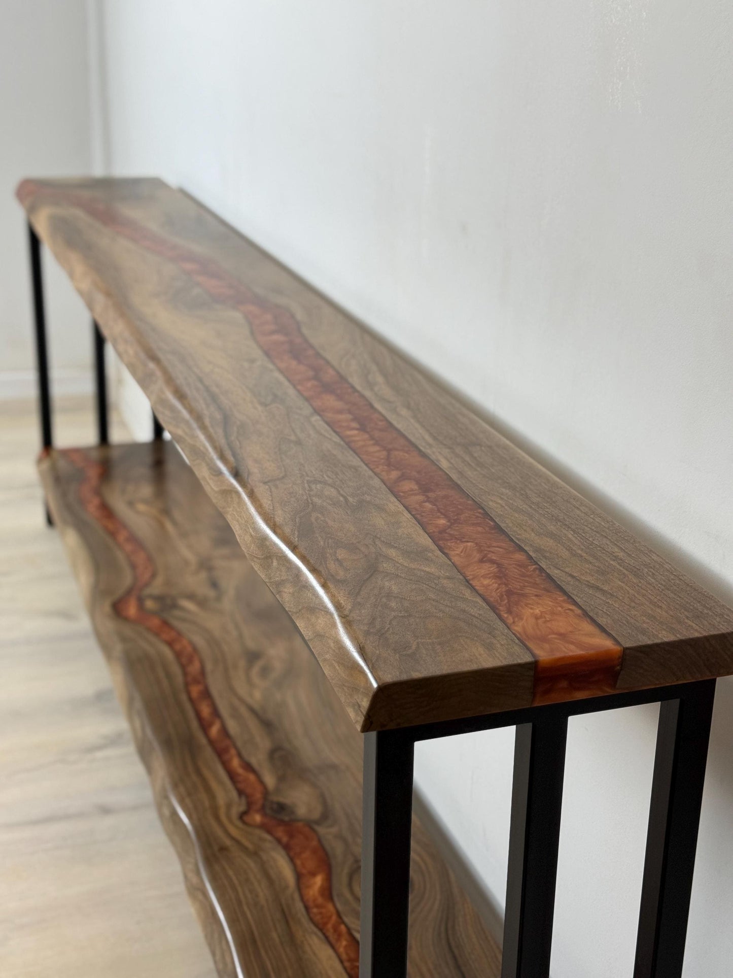 Narrow Walnut Console Table with Shelf | Live Edge Epoxy Entryway Table