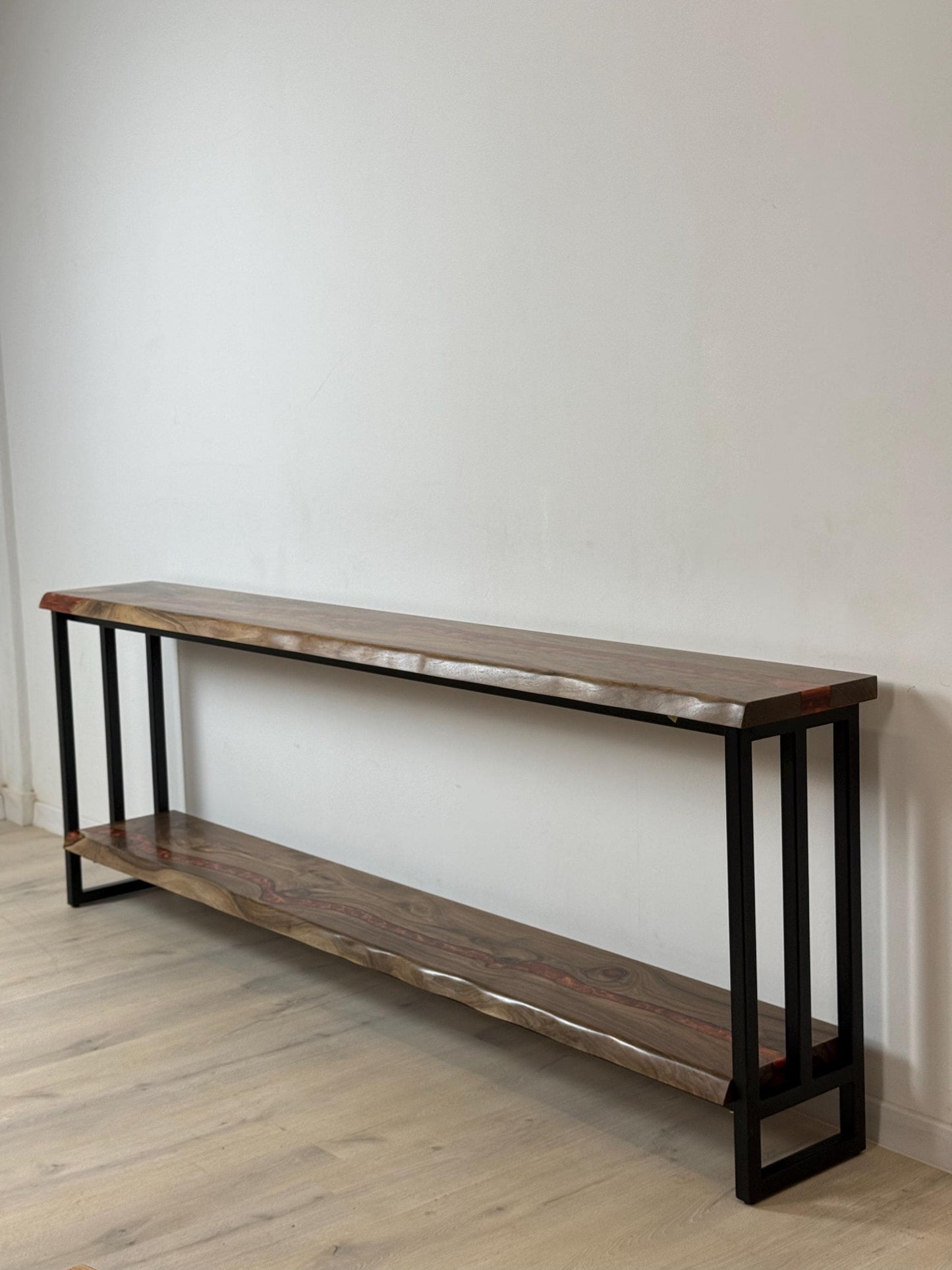 Narrow Walnut Console Table with Shelf | Live Edge Epoxy Entryway Table
