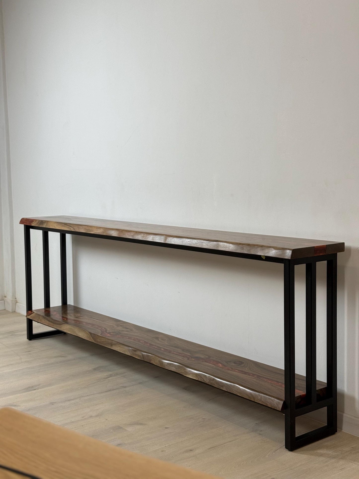 Narrow Walnut Console Table with Shelf | Live Edge Epoxy Entryway Table
