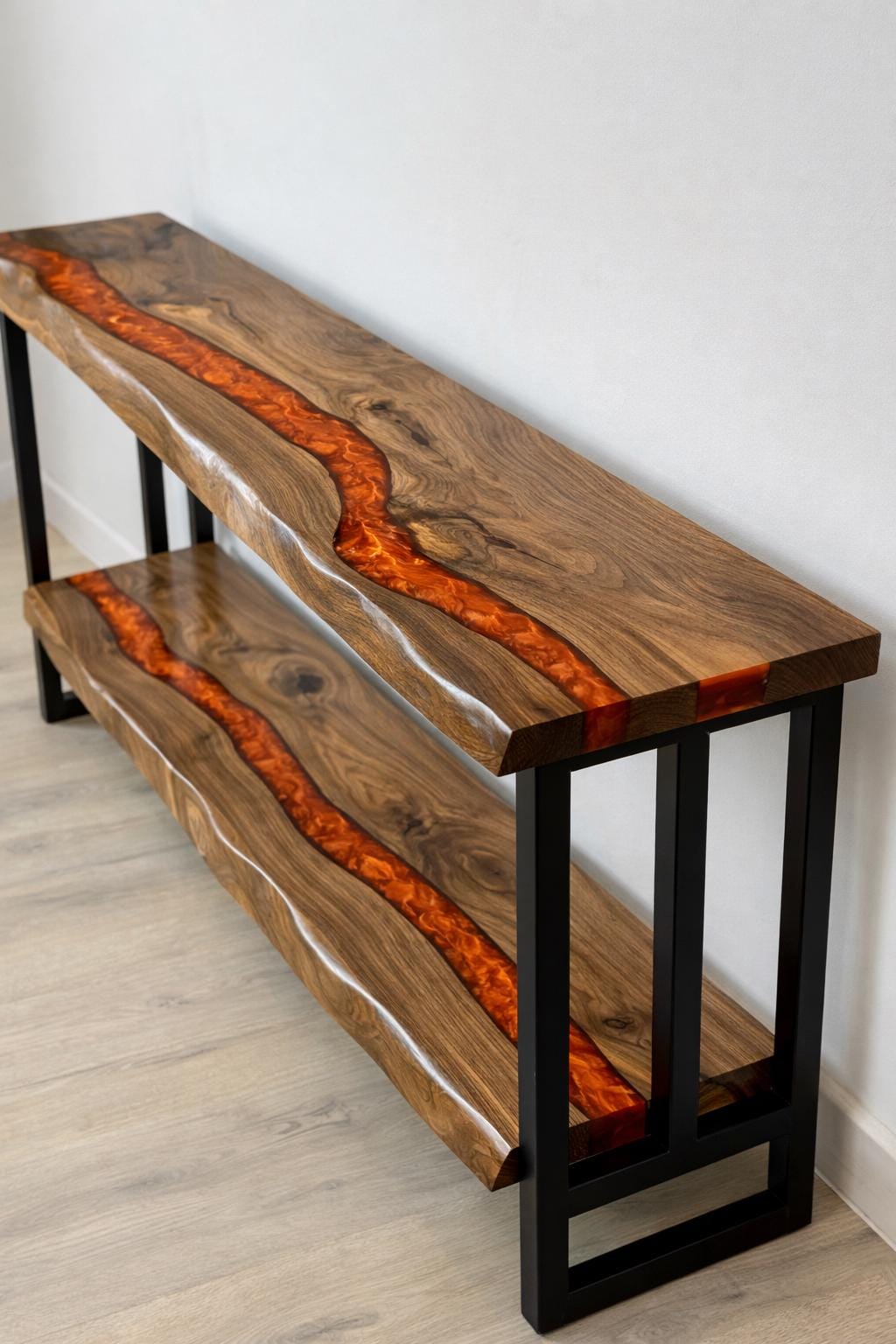 Narrow Walnut Console Table with Shelf | Live Edge Epoxy Entryway Table
