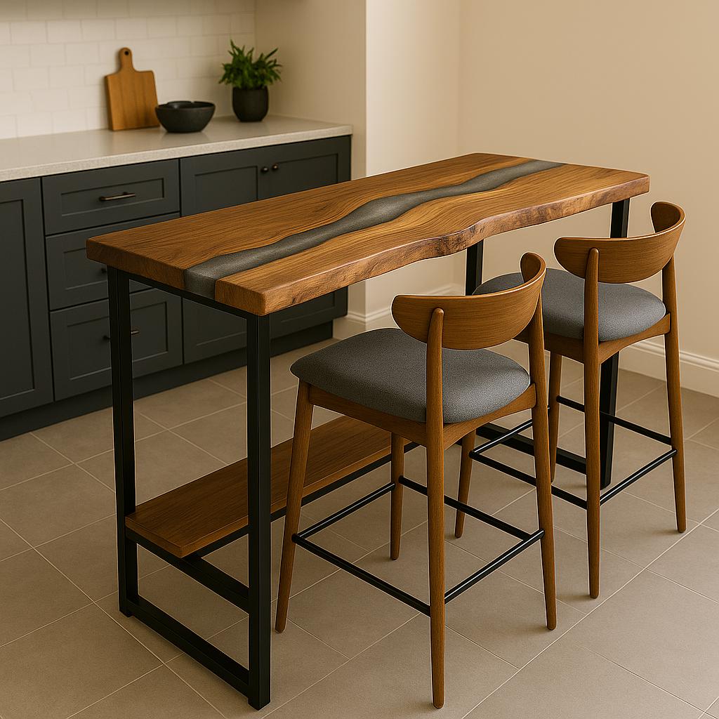 Live Edge Walnut Bar Table – Epoxy Counter Height Table with Wooden Footrest