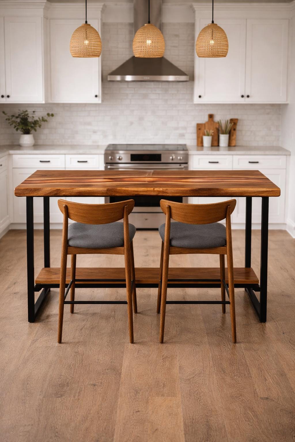 Live Edge Counter Height Table – Walnut Epoxy Narrow Dining Table with Metal Shelf