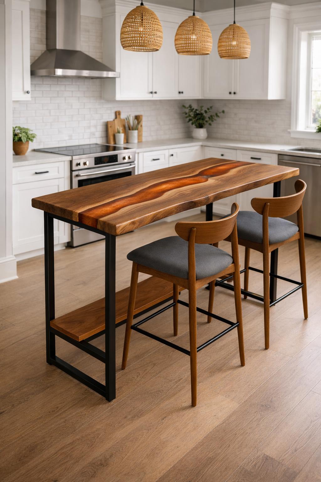 Live Edge Counter Height Table – Walnut Epoxy Narrow Dining Table with Metal Shelf