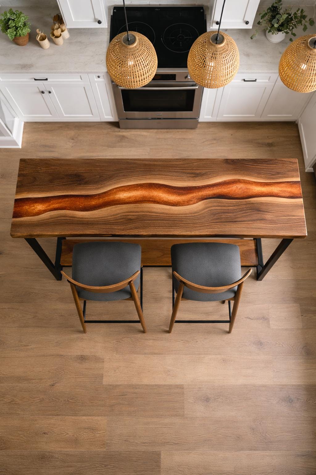 Live Edge Counter Height Table – Walnut Epoxy Narrow Dining Table with Metal Shelf