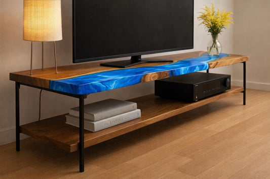 Walnut TV Stand with Shelf – Solid Wood Media Console, Epoxy Low TV Unit