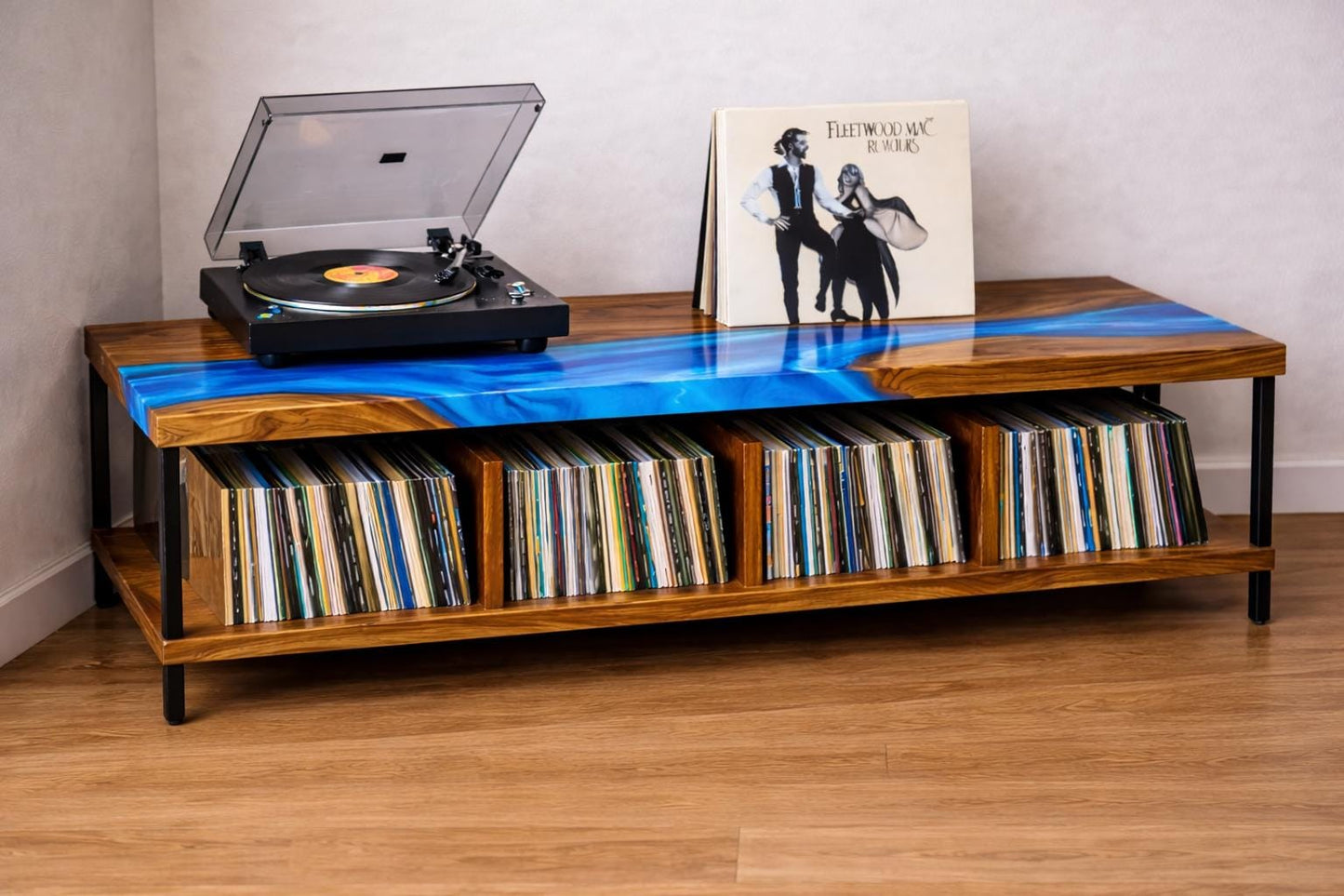 Record Player Stand with Vinyl Storage – Walnut Epoxy Turntable Console, Custom LP Cabinet