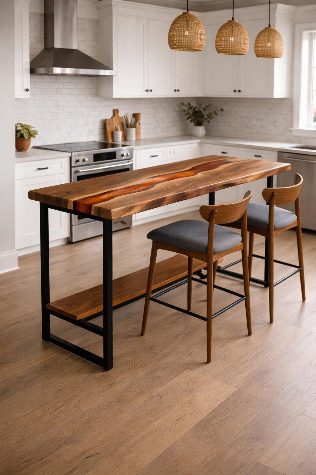 Live Edge Counter Height Table – Walnut Epoxy Narrow Dining Table with Metal Shelf