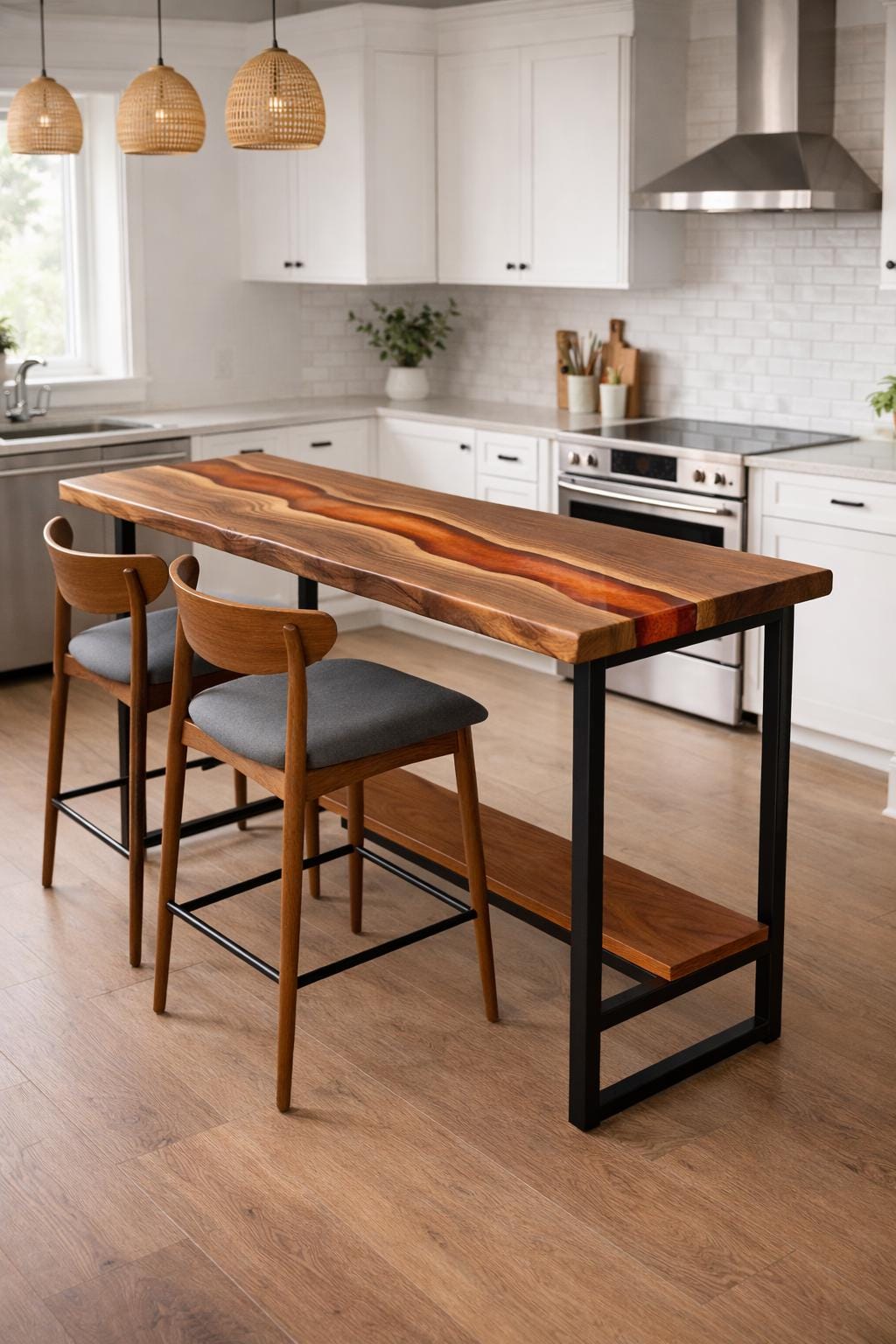 Live Edge Counter Height Table – Walnut Epoxy Narrow Dining Table with Metal Shelf
