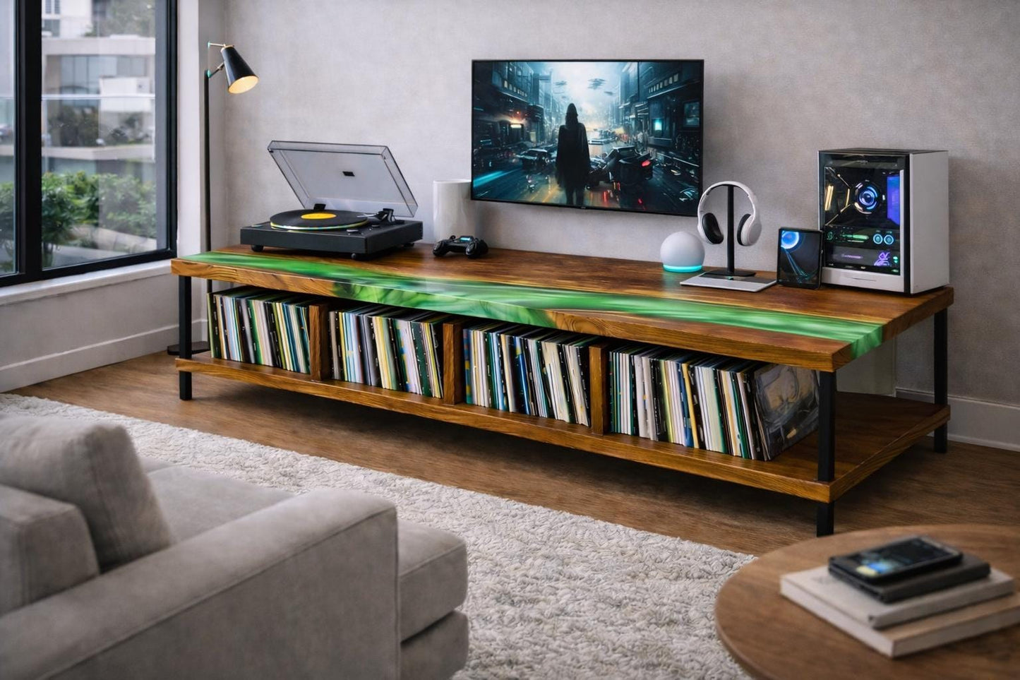 Mid Century Turntable Cabinet – Large Walnut Vinyl Storage Console, Epoxy Media Stand