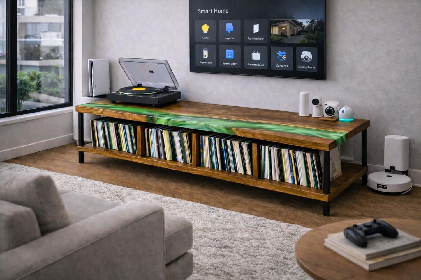 Mid Century Turntable Cabinet – Large Walnut Vinyl Storage Console, Epoxy Media Stand