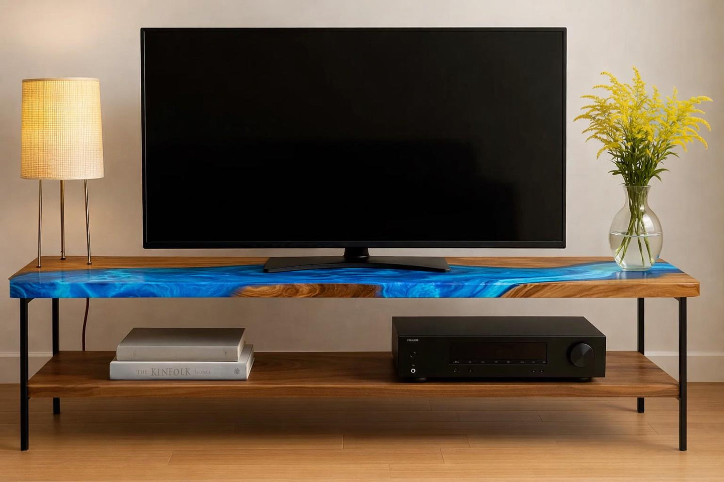 Walnut TV Stand with Shelf – Solid Wood Media Console, Epoxy Low TV Unit