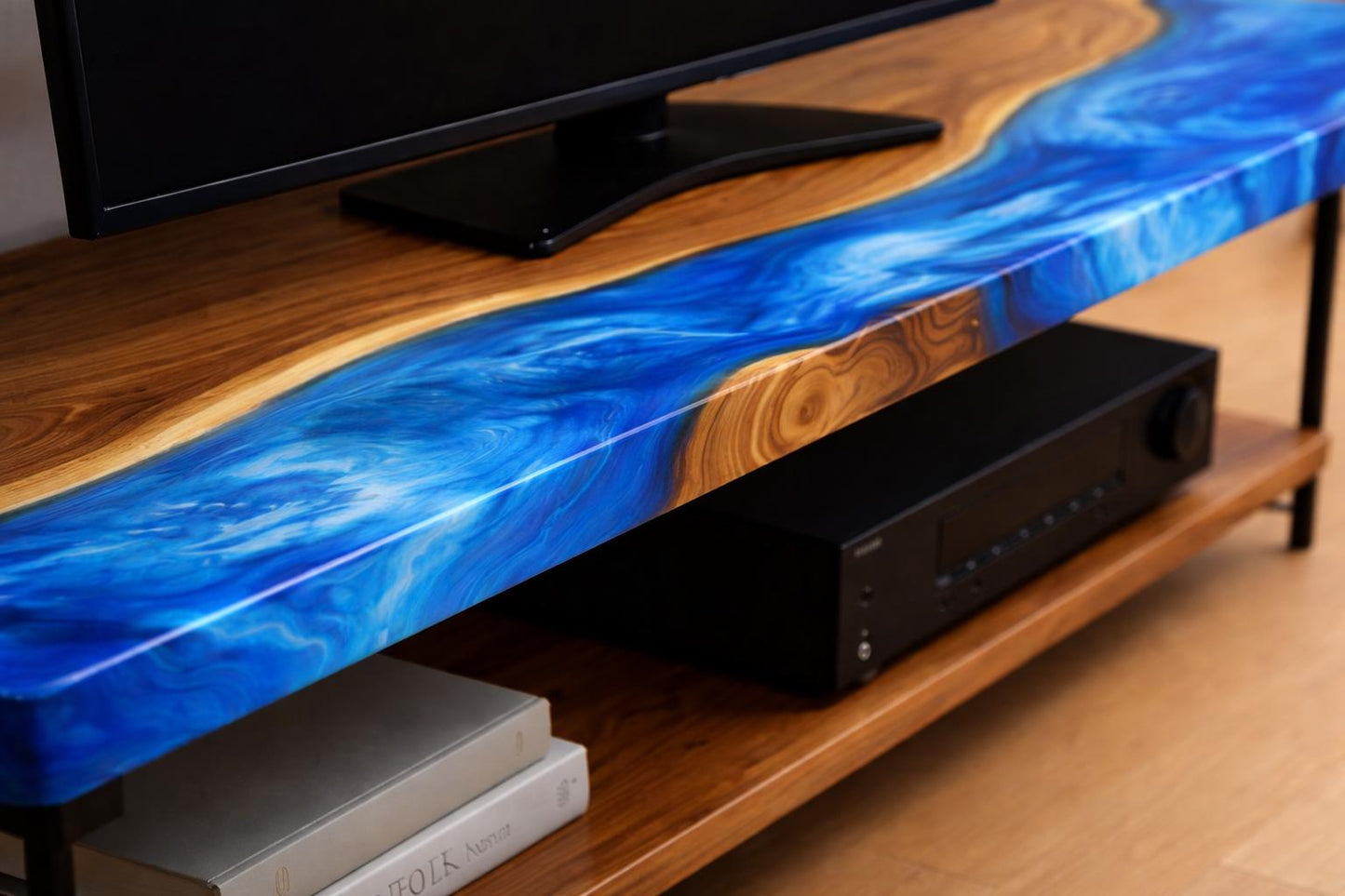 Walnut TV Stand with Shelf – Solid Wood Media Console, Epoxy Low TV Unit