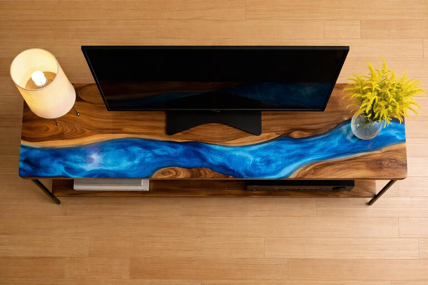 Walnut TV Stand with Shelf – Solid Wood Media Console, Epoxy Low TV Unit