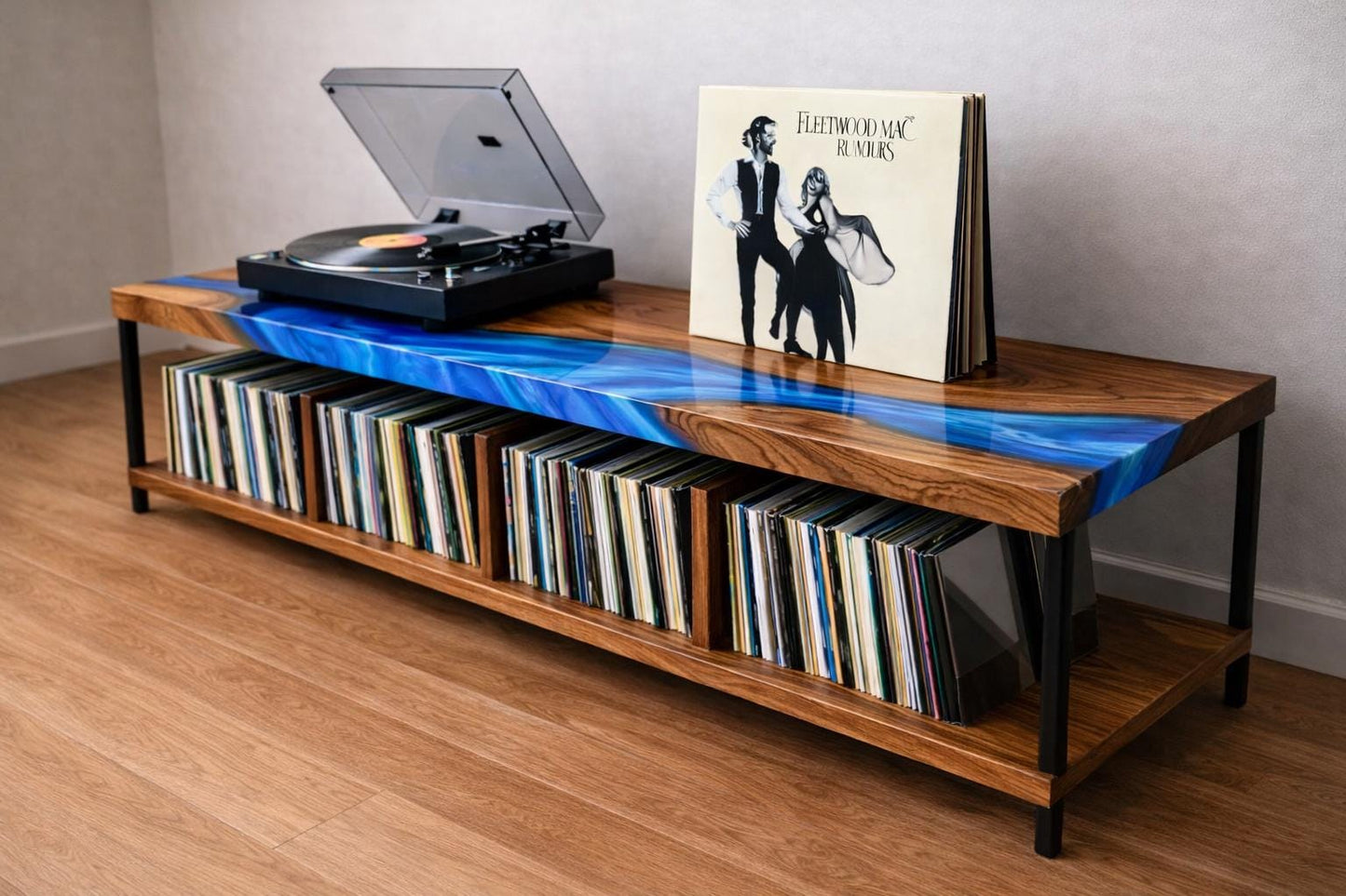 Record Player Stand with Vinyl Storage – Walnut Epoxy Turntable Console, Custom LP Cabinet