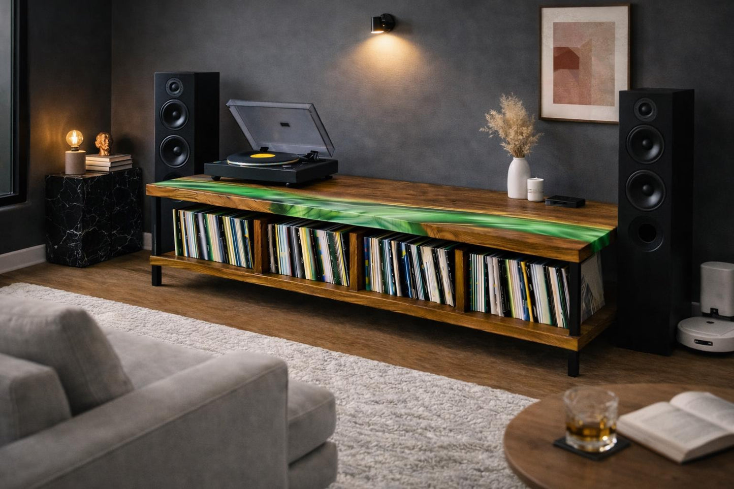 Mid Century Turntable Cabinet – Large Walnut Vinyl Storage Console, Epoxy Media Stand