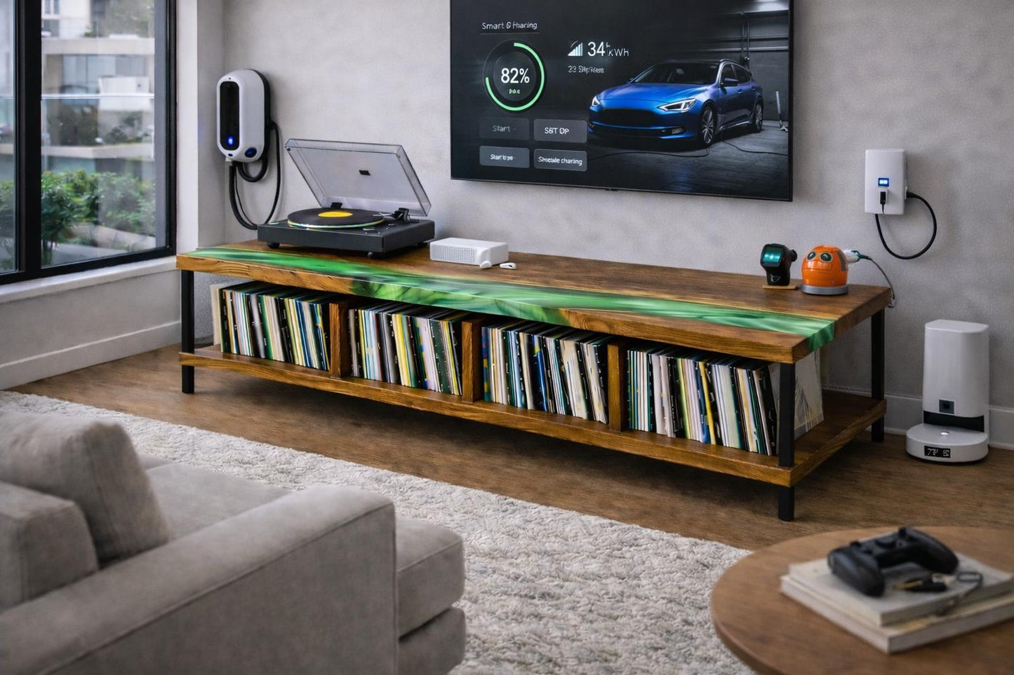 Mid Century Turntable Cabinet – Large Walnut Vinyl Storage Console, Epoxy Media Stand