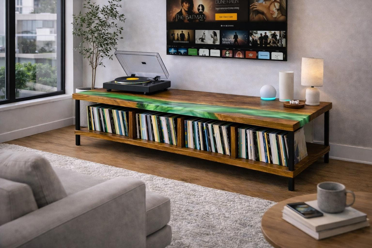 Mid Century Turntable Cabinet – Large Walnut Vinyl Storage Console, Epoxy Media Stand