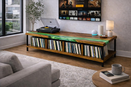 Mid Century Turntable Cabinet – Large Walnut Vinyl Storage Console, Epoxy Media Stand