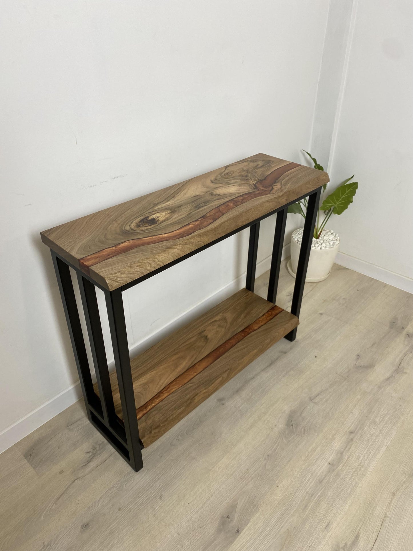 Narrow Walnut Console with Shelf – Slim Entryway Sofa Table with Epoxy Resin