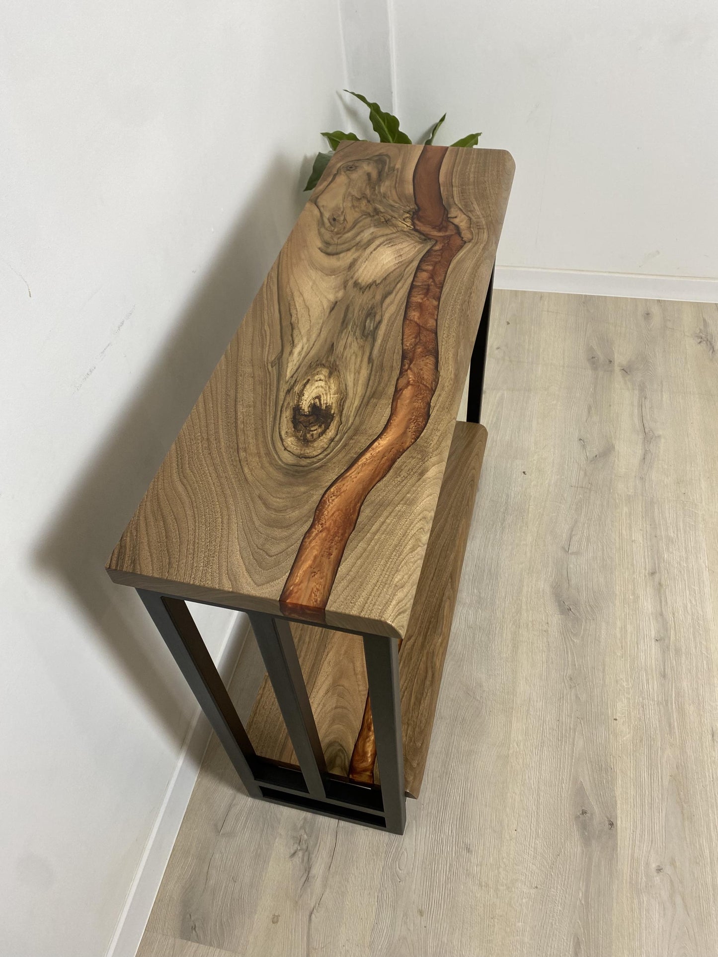 Narrow Walnut Console with Shelf – Slim Entryway Sofa Table with Epoxy Resin