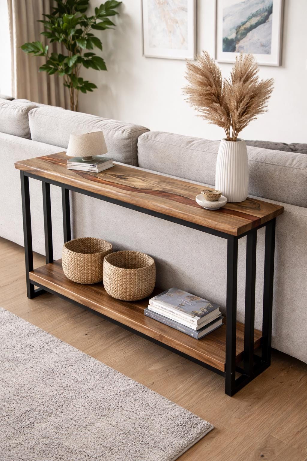 Narrow Walnut Console with Shelf – Slim Entryway Sofa Table with Epoxy Resin