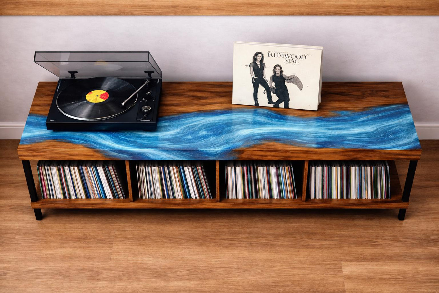 Record Player Stand with Vinyl Storage, Walnut Turntable Console, Epoxy River Top, Mid Century