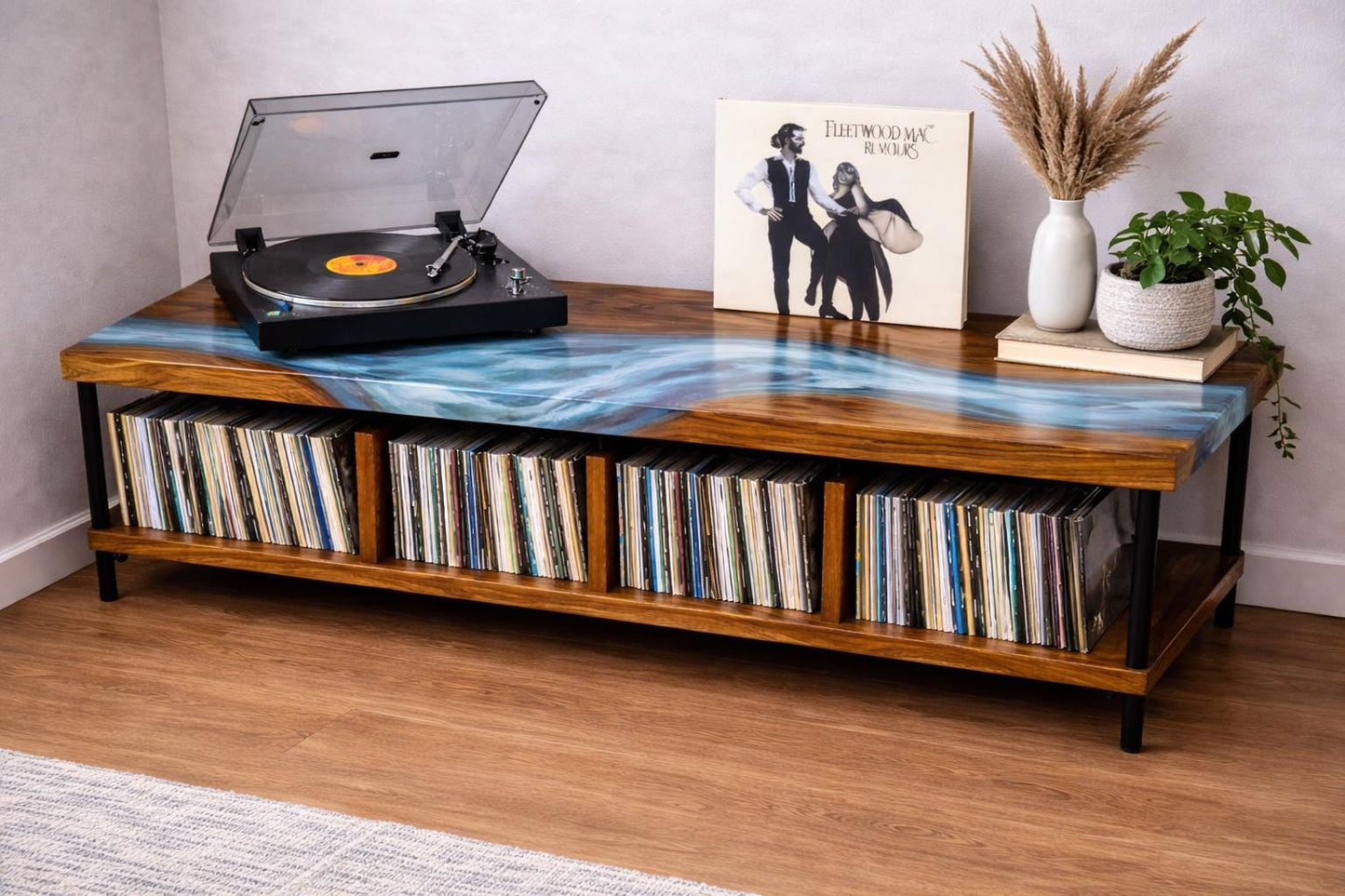 Record Player Stand with Vinyl Storage, Walnut Turntable Console, Epoxy River Top, Mid Century