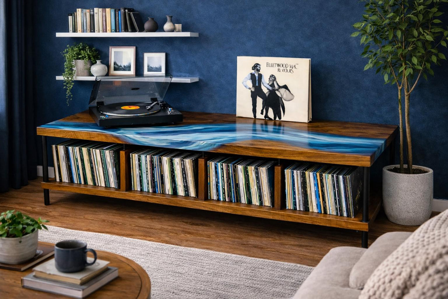 Record Player Stand with Vinyl Storage, Walnut Turntable Console, Epoxy River Top, Mid Century