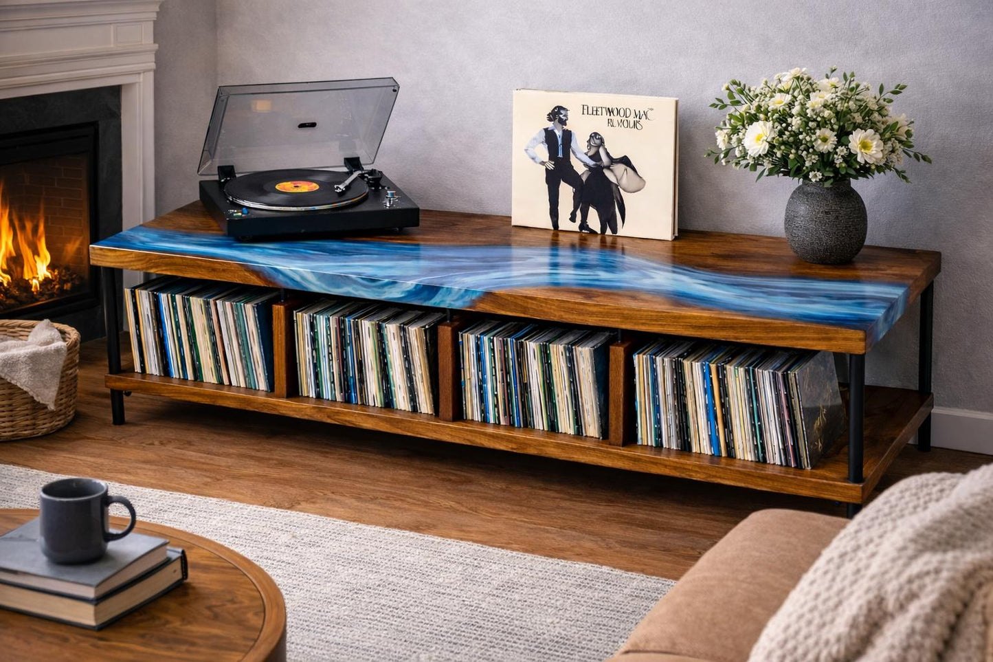 Record Player Stand with Vinyl Storage, Walnut Turntable Console, Epoxy River Top, Mid Century