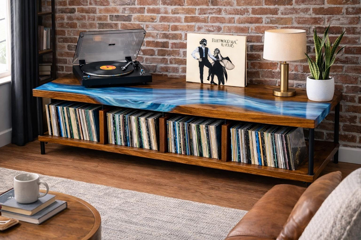 Record Player Stand with Vinyl Storage, Walnut Turntable Console, Epoxy River Top, Mid Century