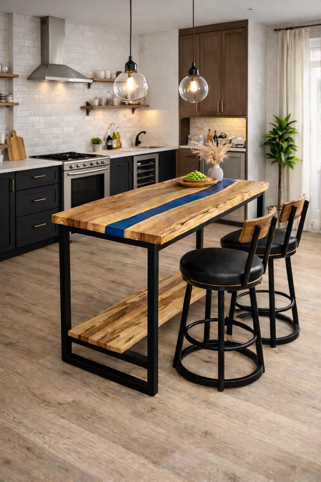 Breakfast Bar Table for Two – Walnut Epoxy Counter Height Table with Wooden Footrest