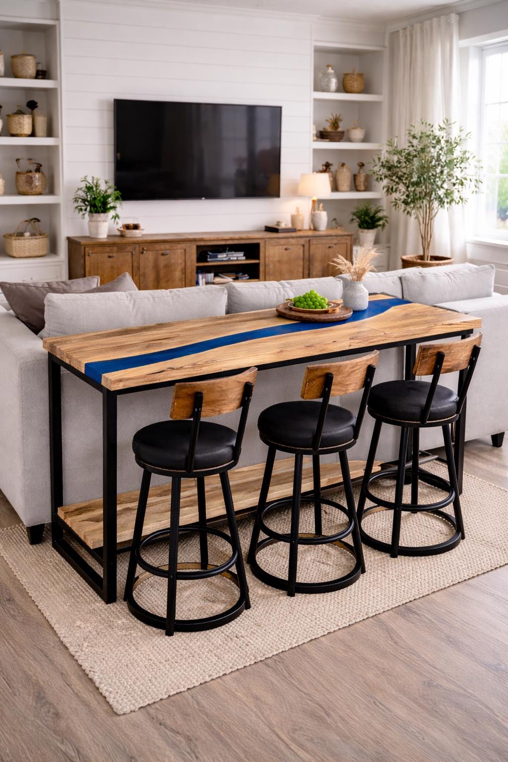 Breakfast Bar Table for Two – Walnut Epoxy Counter Height Table with Wooden Footrest