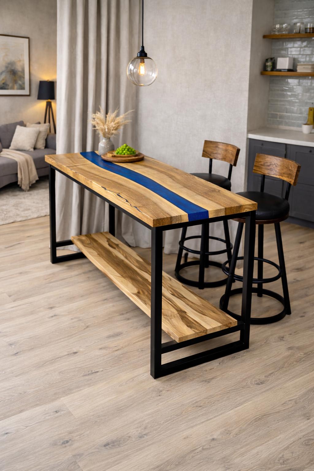 Breakfast Bar Table for Two – Walnut Epoxy Counter Height Table with Wooden Footrest