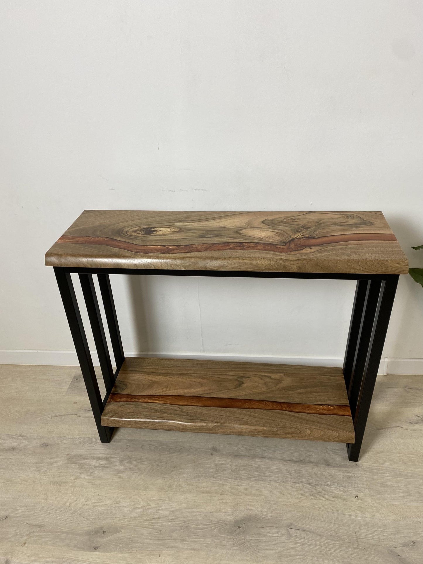 Narrow Walnut Console with Shelf – Slim Entryway Sofa Table with Epoxy Resin