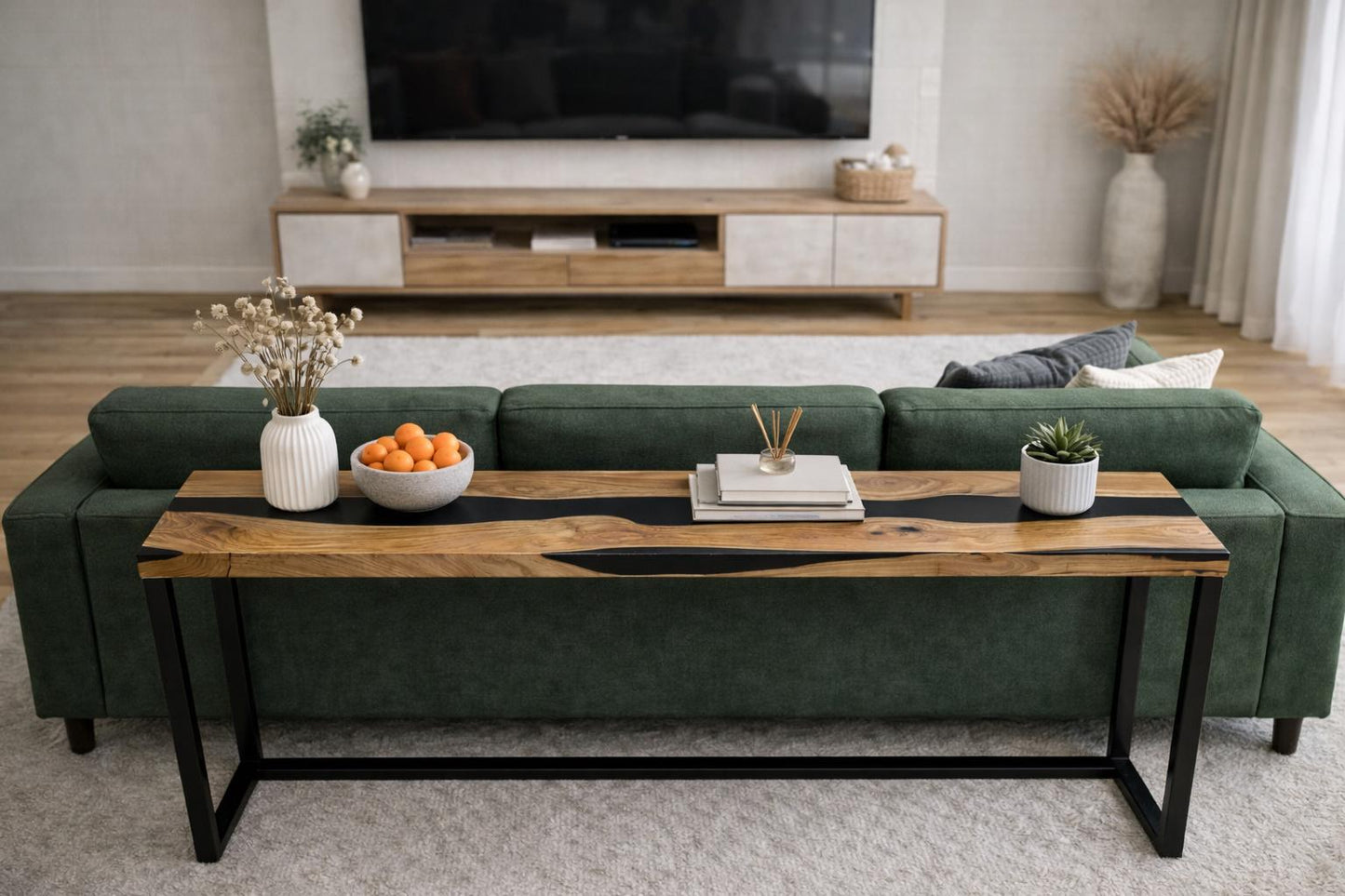 Narrow Oak Console Table, Black Epoxy River, Metal Legs, Behind Sofa Furniture