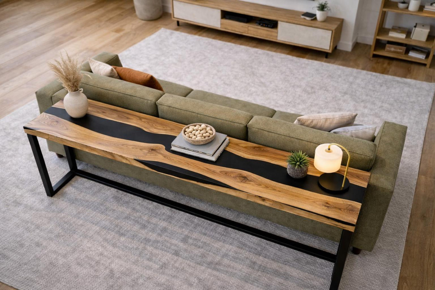 Narrow Oak Console Table, Black Epoxy River, Metal Legs, Behind Sofa Furniture