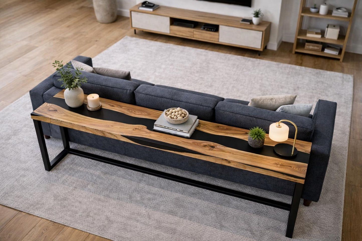 Narrow Oak Console Table, Black Epoxy River, Metal Legs, Behind Sofa Furniture