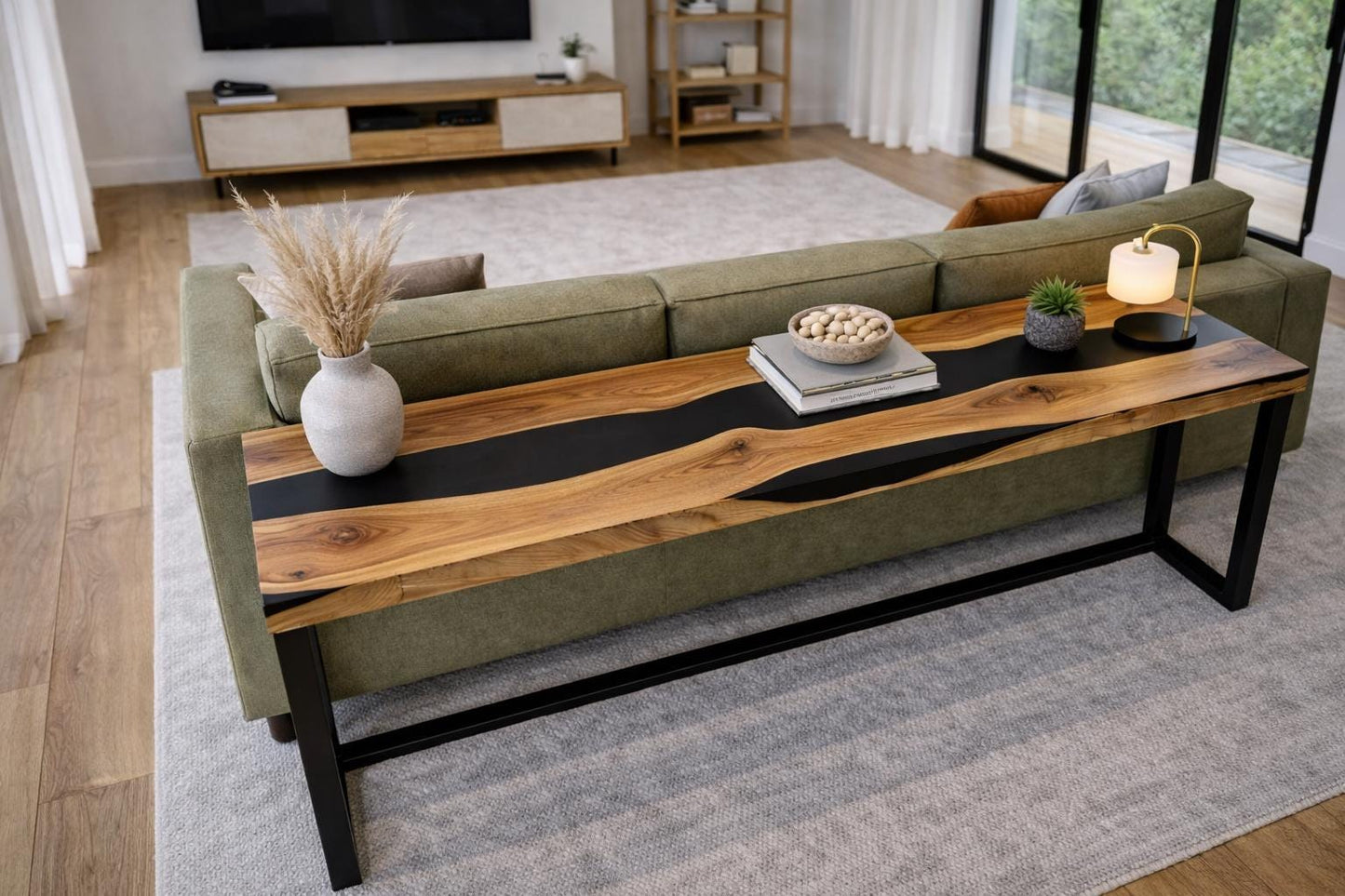 Narrow Oak Console Table, Black Epoxy River, Metal Legs, Behind Sofa Furniture