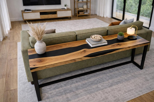 Narrow Oak Console Table, Black Epoxy River, Metal Legs, Behind Sofa Furniture