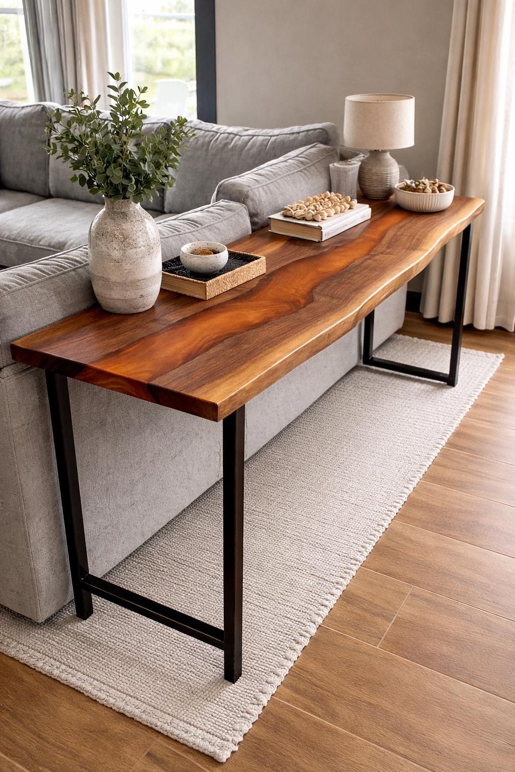 Behind Couch Table, Live Edge Walnut Sofa Console, Narrow Epoxy Table, Custom Hallway Furniture