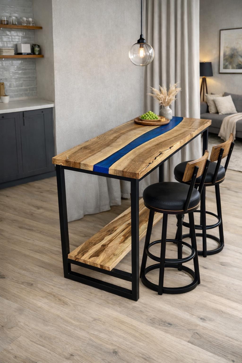 Breakfast Bar Table for Two – Walnut Epoxy Counter Height Table with Wooden Footrest