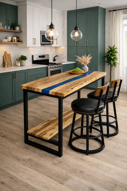 Breakfast Bar Table for Two – Walnut Epoxy Counter Height Table with Wooden Footrest