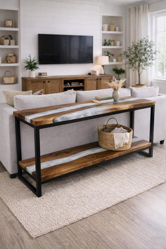Console Table with Shelf – Narrow Walnut Sofa Table, White Smoke Epoxy, Custom Size