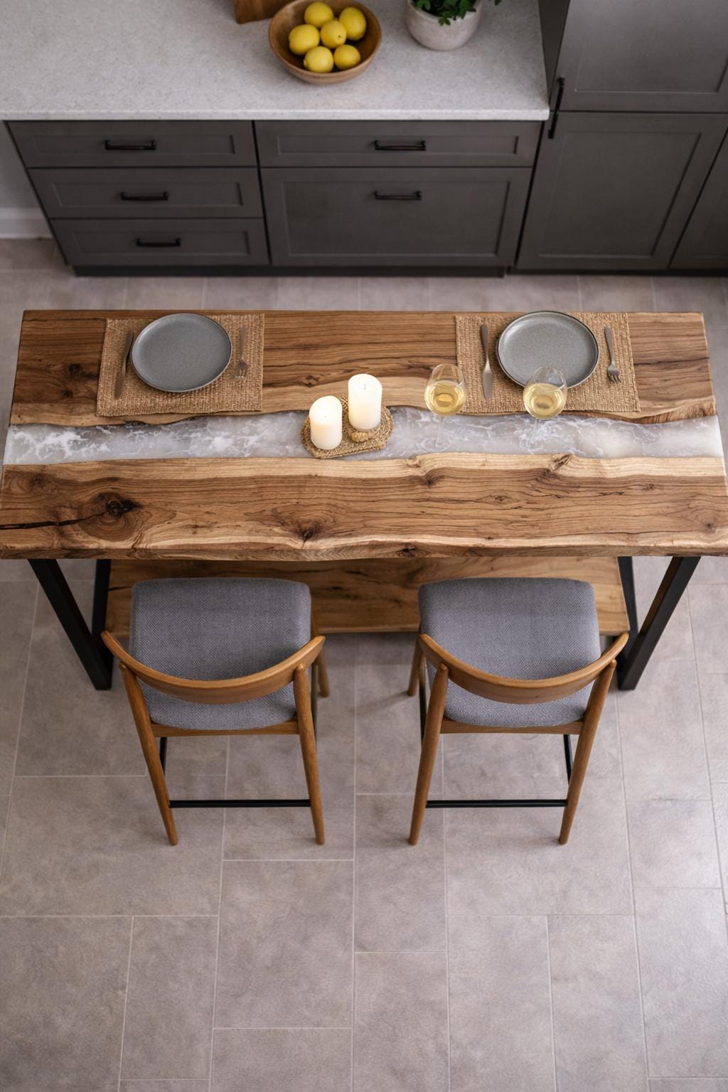Walnut Bar Table – Counter Height Kitchen Island, Live Edge Breakfast Bar, Custom Size, Epoxy Resin, Metal Base, Footrest