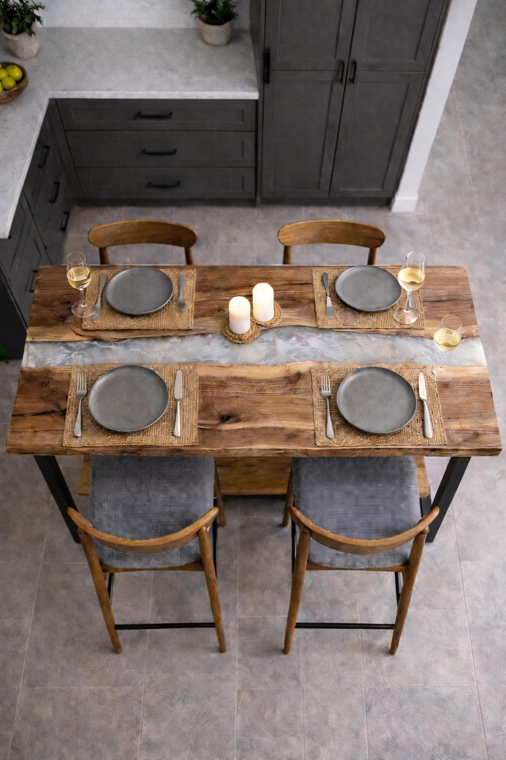 Walnut Bar Table – Counter Height Kitchen Island, Live Edge Breakfast Bar, Custom Size, Epoxy Resin, Metal Base, Footrest