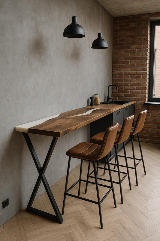 White Epoxy Narrow Dining Table – Walnut Counter Height Breakfast Bar, Small Kitchen Table