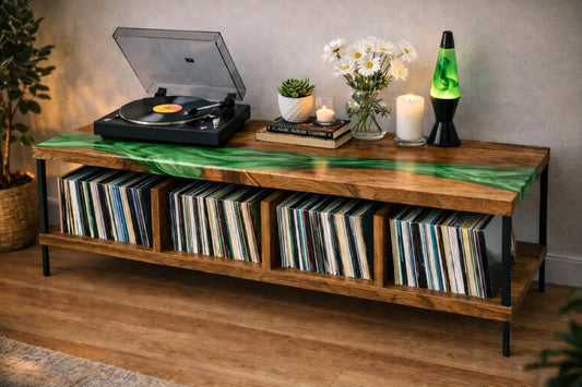 Turntable Stand with Vinyl Storage – Walnut Epoxy LP Cabinet, Mid Century Media Console