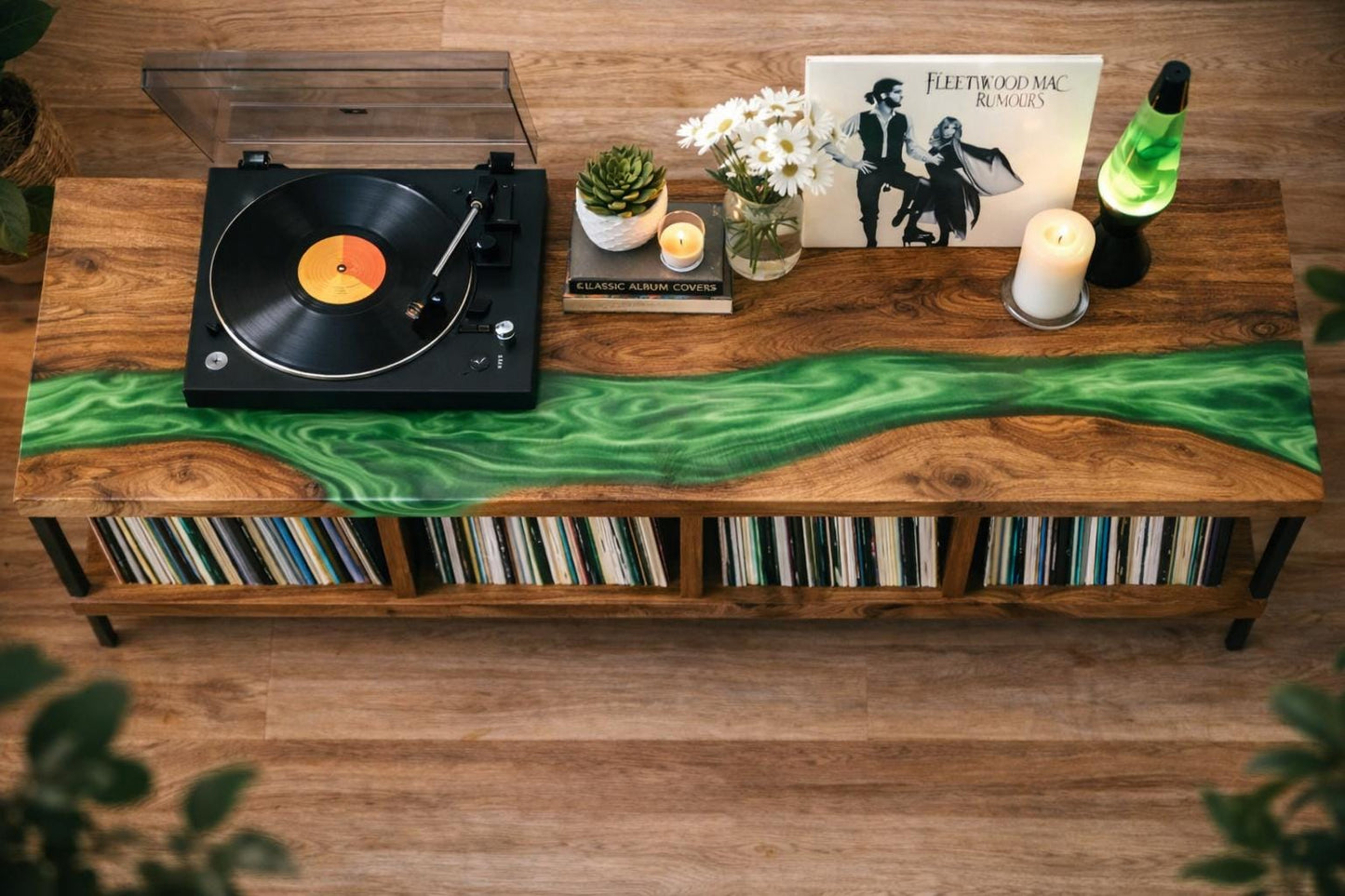 Turntable Stand with Vinyl Storage – Walnut Epoxy LP Cabinet, Mid Century Media Console