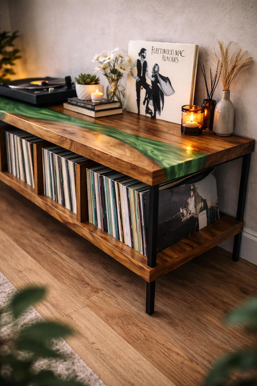 Turntable Stand with Vinyl Storage – Walnut Epoxy LP Cabinet, Mid Century Media Console