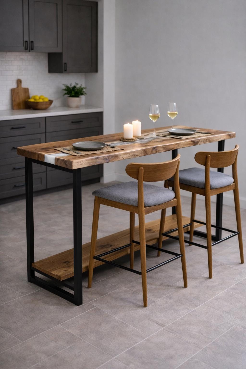 Walnut Bar Table – Counter Height Kitchen Island, Live Edge Breakfast Bar, Custom Size, Epoxy Resin, Metal Base, Footrest